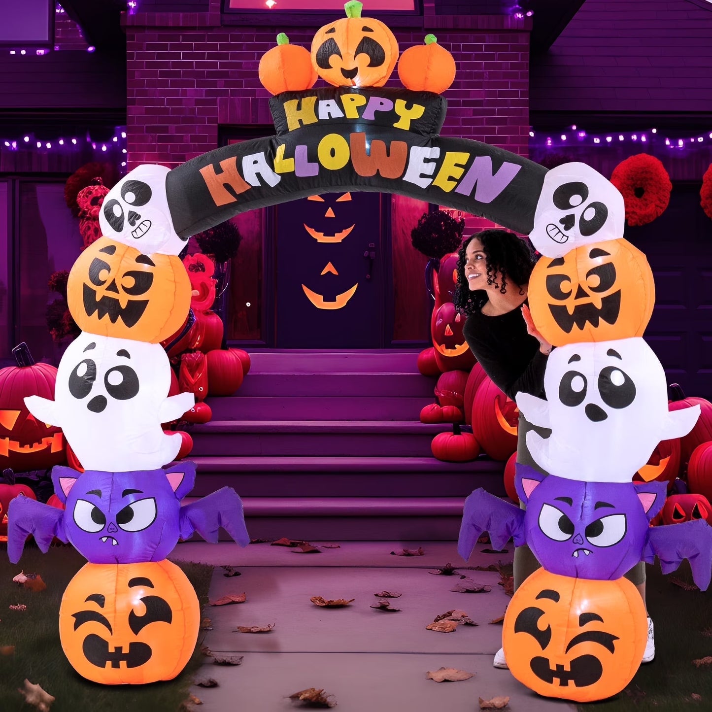 Joyfy 8 Ft Halloween Inflatable Archway Stacked Pumpkins Halloween Archway Bat Decorations Inflatable with Build-In Leds,Halloween Blow up Yard Decorations