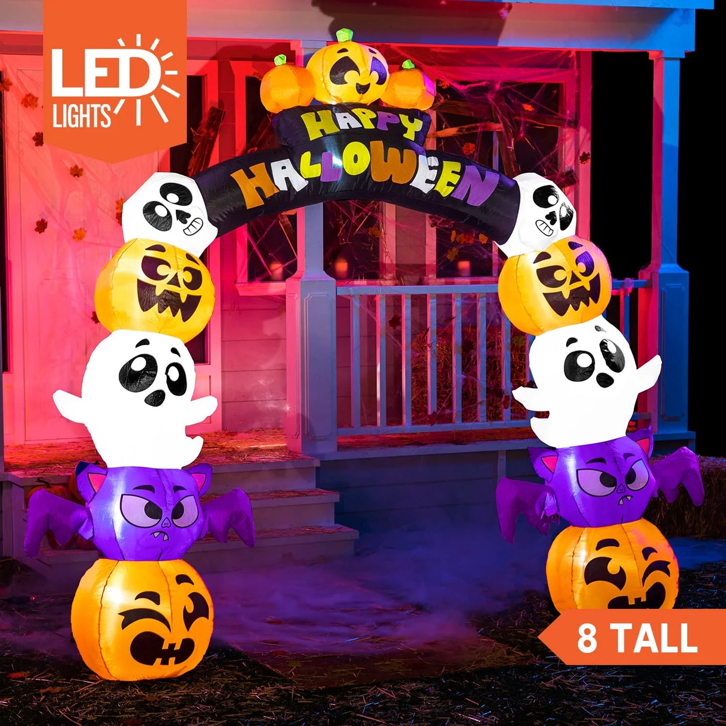 Joyfy 8 Ft Halloween Inflatable Archway Stacked Pumpkins Halloween Archway Bat Decorations Inflatable with Build-In Leds,Halloween Blow up Yard Decorations