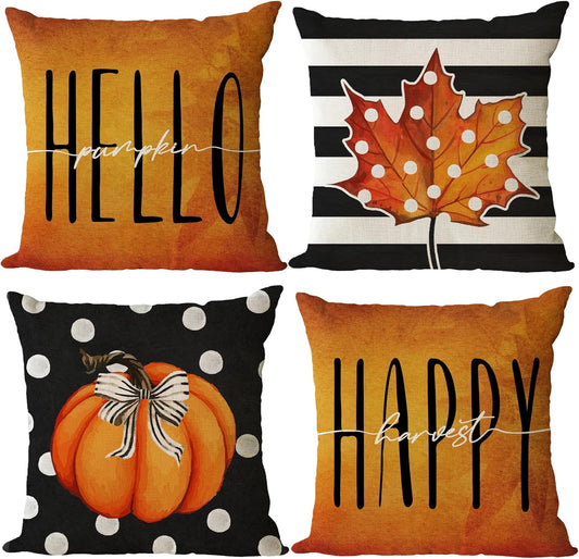 Fall Throw Pillow Covers 14X14 Set of 4 Thanksgiving Pumpkin Pillow 