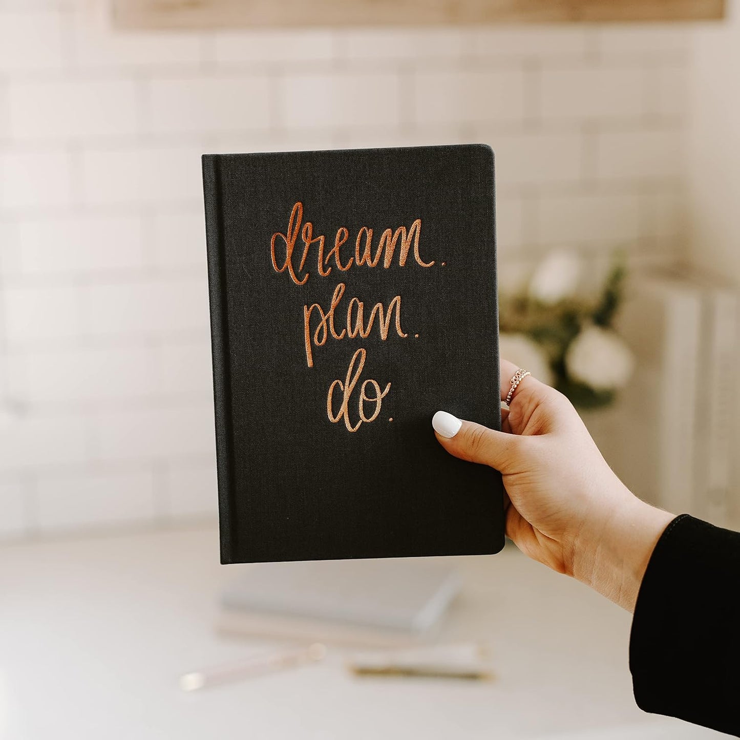 Dream Plan Do Motivational Journal - Grey Fabric Journal with Rose Gold Details and Ribbon Bookmark - Motivational Notebook Inspirational Lined Journal for Work and School