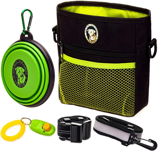 Dog Treat Pouch - Premium Training Treat Bag with Clicker and Collapsible Bowl for Dogs