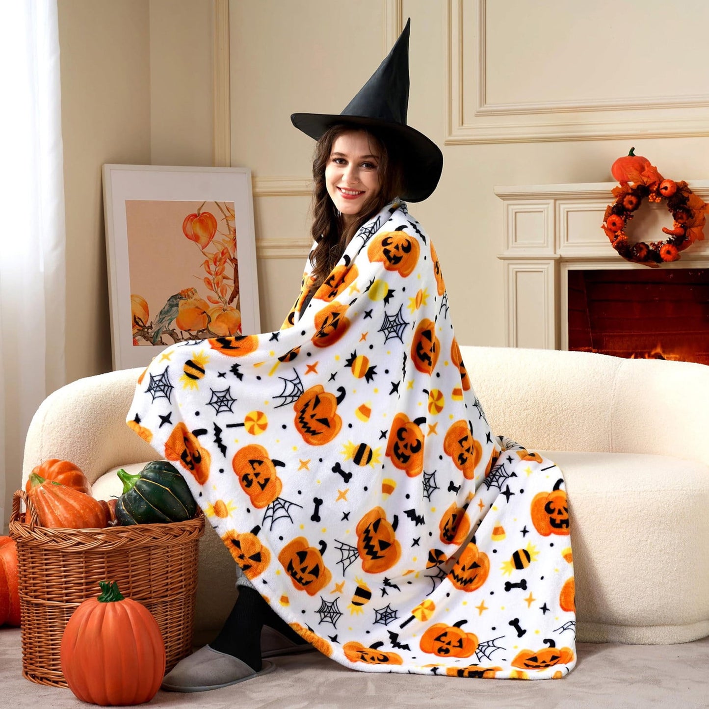 Halloween Throw Blanket - Soft Plush Spider Webs Bat 