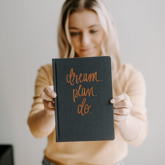 Dream Plan Do Motivational Journal - Grey Fabric Journal with Rose Gold Details and Ribbon Bookmark - Motivational Notebook Inspirational Lined Journal for Work and School