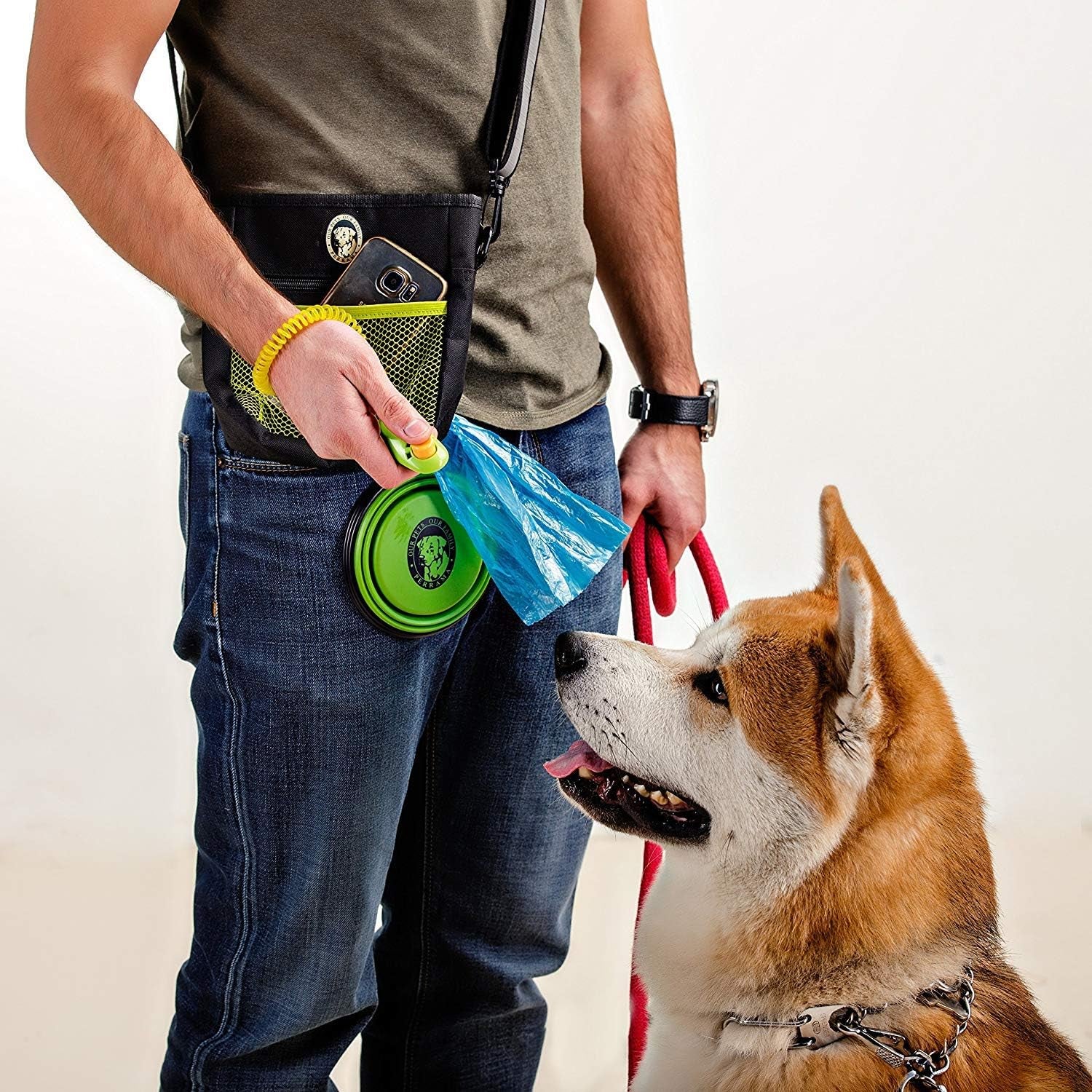 Dog Treat Pouch - Premium Training Treat Bag with Clicker and Collapsible Bowl for Dogs