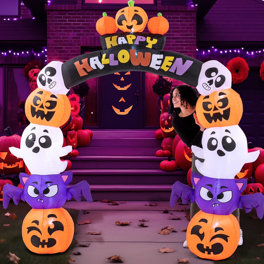 Joyfy 8 Ft Halloween Inflatable Archway Stacked Pumpkins Halloween Archway Bat Decorations Inflatable with Build-In Leds,Halloween Blow up Yard Decorations