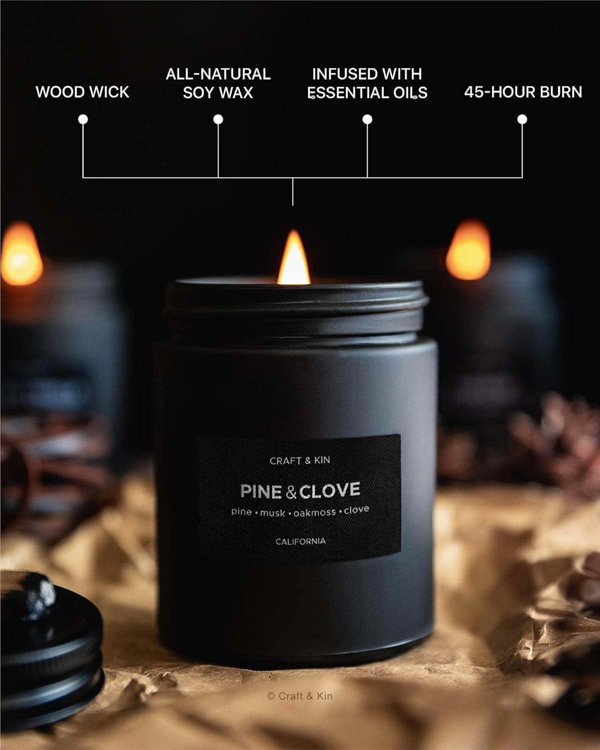 Premium Pine & Clove Candle | Black Fall Scented Candles for Home