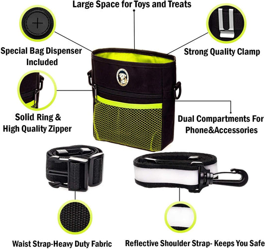 Dog Treat Pouch - Premium Training Treat Bag with Clicker and Collapsible Bowl for Dogs