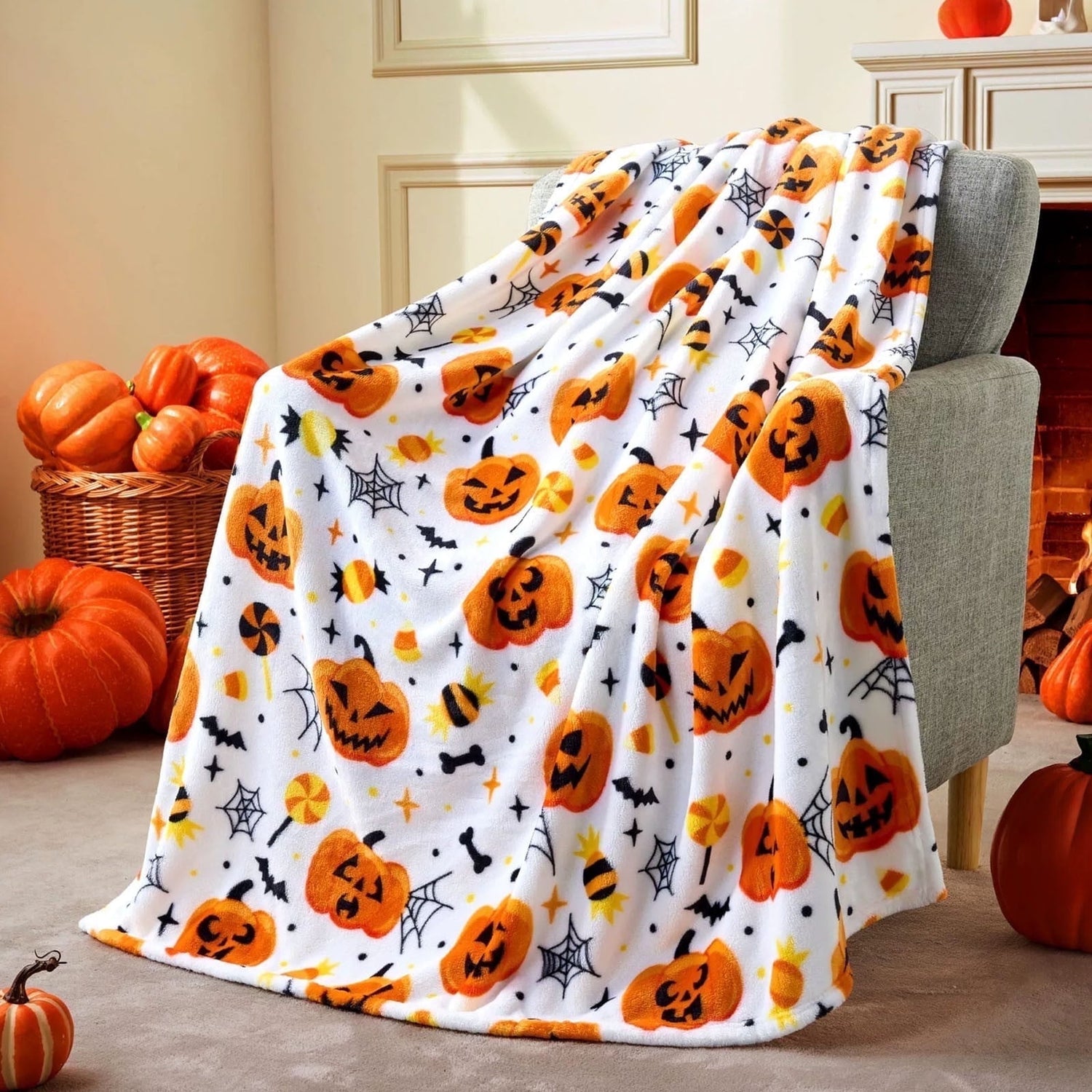 Halloween Throw Blanket - Soft Plush Spider Webs Bat 