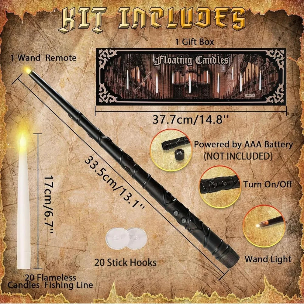 20PCS Floating Candles with Wand, Flickering Warm Light Taper LED Flameless Candles with Wand Remote, Magic Hanging Candles, Hal