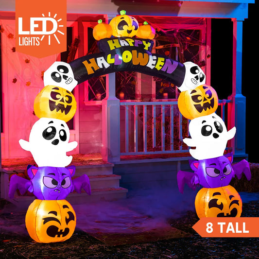 Joyfy 8 Ft Halloween Inflatable Archway Stacked Pumpkins Halloween Archway Bat Decorations Inflatable with Build-In Leds,Halloween Blow up Yard Decorations