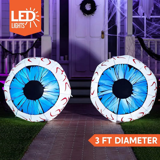 2 Pack Halloween Inflatable Huge Blue Eyeballs with Build-In Leds Halloween Blow up Yard Decorations,3 FT Diameter