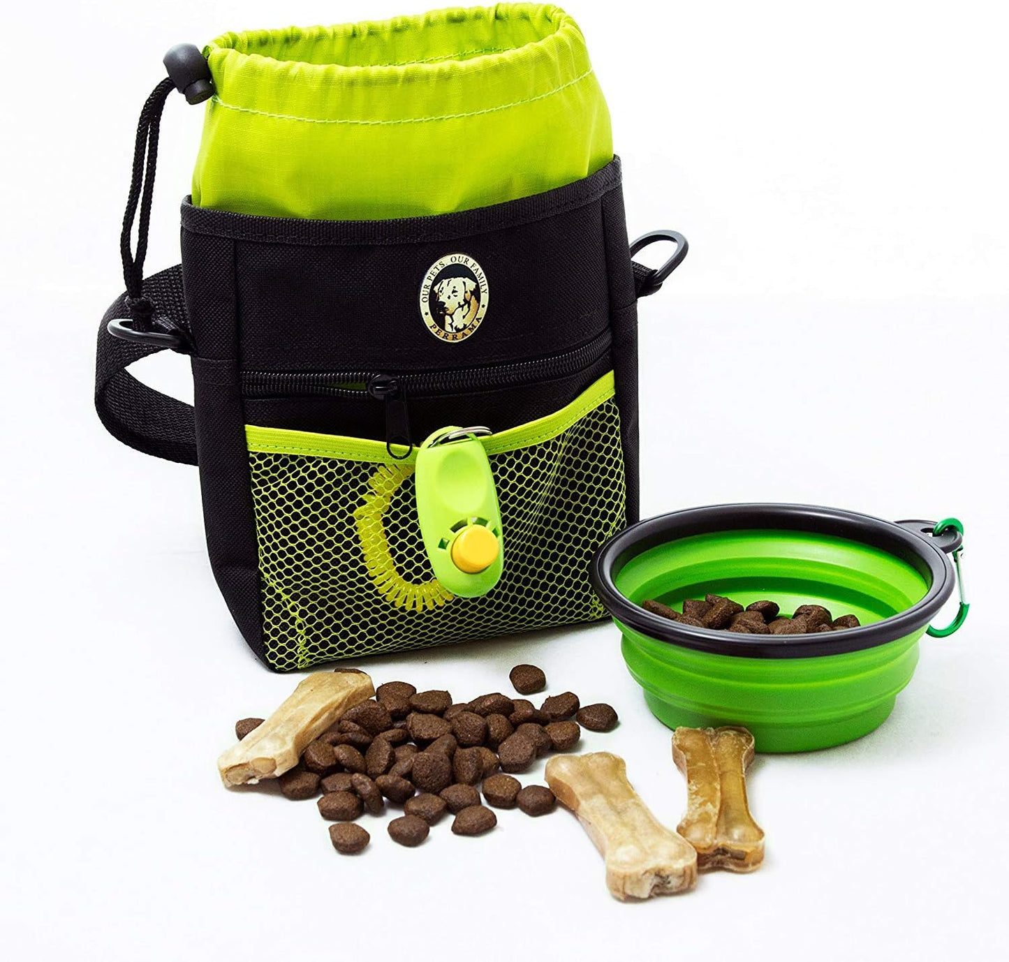 Dog Treat Pouch - Premium Training Treat Bag with Clicker and Collapsible Bowl for Dogs