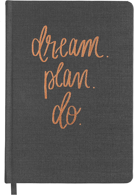 Dream Plan Do Motivational Journal - Grey Fabric Journal with Rose Gold Details and Ribbon Bookmark - Motivational Notebook Inspirational Lined Journal for Work and School